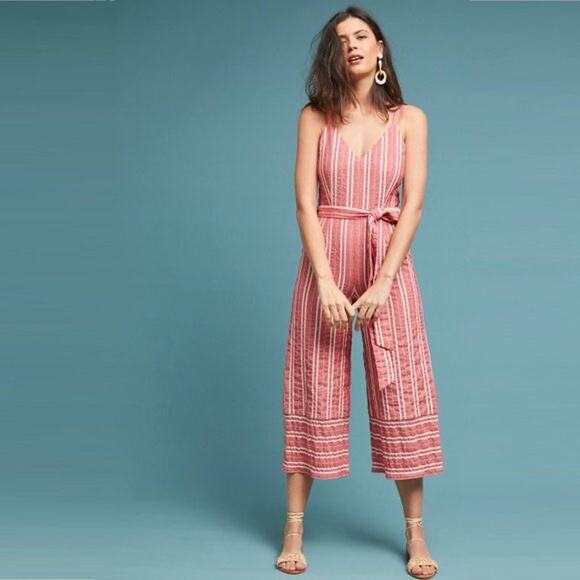 Anthropologie ett:twa Red + Craem Stripe Robin Cropped Wide Leg V Neck Jumpsuit - Picture 11 of 11